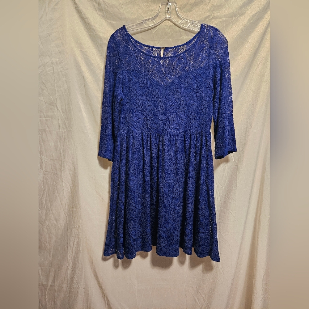 Free People Floral Lace Dress, Size S, Royal Blue,  3/4 Length Sleeve Round Neck